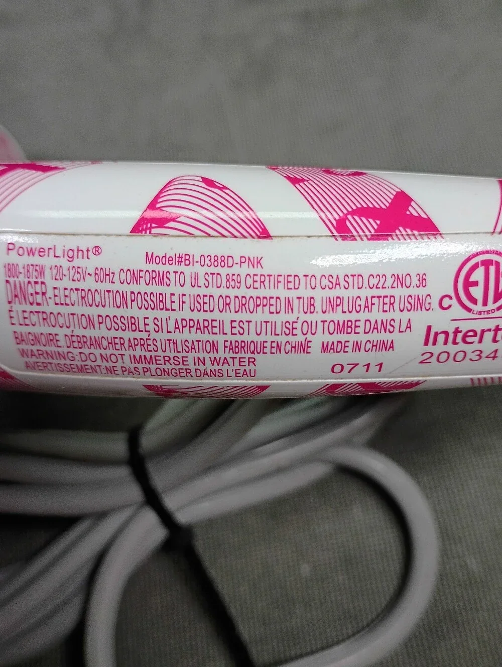 PowerLight By Bio Ionic 1875w Hair Dryer w/Diffuser White/Pink Ribbon